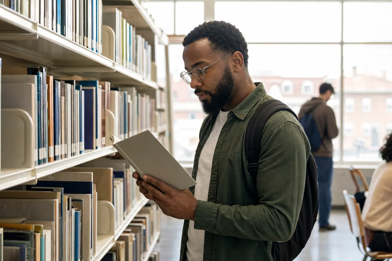 A reader examining a reference guide beside the shelves in a public library